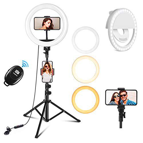 PEHESHE Aro de Luz Aro de Luz con Tripode Ring Light Aro de Luz para Movil TIK Tok Anillo de Luz con Control Remoto Bluetooth 3 Modos 11 Brillos Regulables para Maquillaje