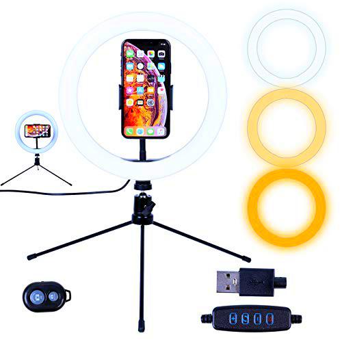 AGM 10&quot; LED Anillo de luz Selfie con trípode de Mesa y Soporte para teléfono | Control Remoto Bluetooth para videografía fotográfica de transmisión en Vivo