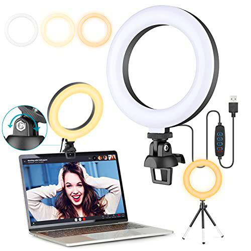 Anillo de Luz Videoconferencia, 6&quot; Aro de Luz Portatil con Trípode y Clip para Laptops