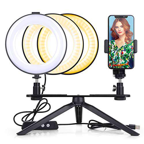 JIM'S STORE Soporte Luz para Movil,Aro de Luz Regulable con Trípode,3 Modos de Luz 3200k-6500k 10 Niveles de Brillo para Youtube Maquillaje Selfie Transmisión en Vivo Grabación de vídeo (6 Pulgadas)