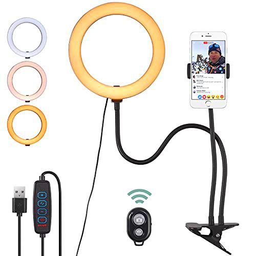 COLFUINE Anillo de luz Selfie para Movil con Soporte para Grabar Aro de luz para Fotografia Anillo de Luz Flexible con Controlador Mando Bluetooth Clip de Soporte 3 Tonos de Luz