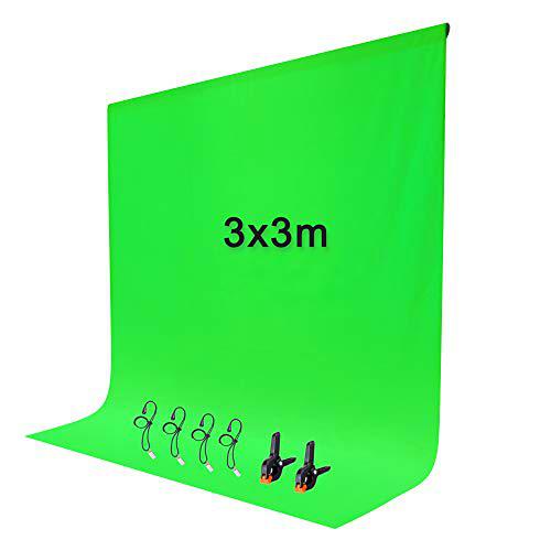 Fondos Fotográfico Croma 3*3M con 2+4 Clips, Pantalla Verde Fondo de Estudio Fotográfico Green Screen Pura Muselina para Fotografía Video y Televisión