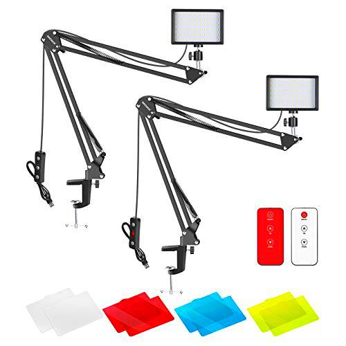 Neewer 2 Packs Luz de Video LED Mejorada con Kit de Control Remoto de 433 HZ LED Luz Regulabl 5600K USB 66 Soporte de Brazo de Tijera de Suspensión de Abrazadera de Escritorio para Transmisión en Vivo