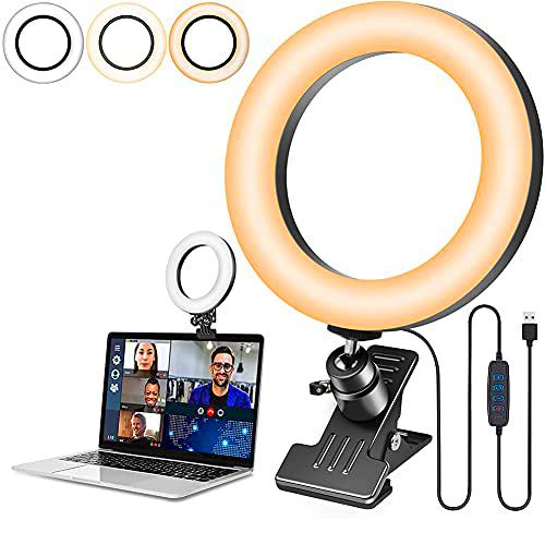 Anillo de Luz Videoconferencia,Kit de iluminación, 6&quot; Aro de Luz con Clip,3 Modos de Iluminación y 10 Brillos,para Trabajo a Distancia