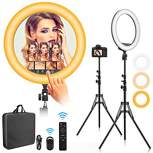 Aro de Luz LED con Trípode 18 pulgadas 360º 3 Modos 11 Brillos Regulables con 2 Soportes para Teléfono Móvil USB Recargable Bluetooth Anillo de Luz para TikTok Live Stream Maquillaje Selfie Youtube