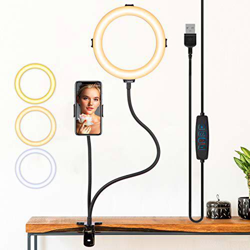 TARION Anillo de luz para Selfie de 8 Pulgadas con Soporte para teléfono móvil 3 Modos de luz Soporte Flexible de Cuello de Cisne de Brillo de 10 Niveles