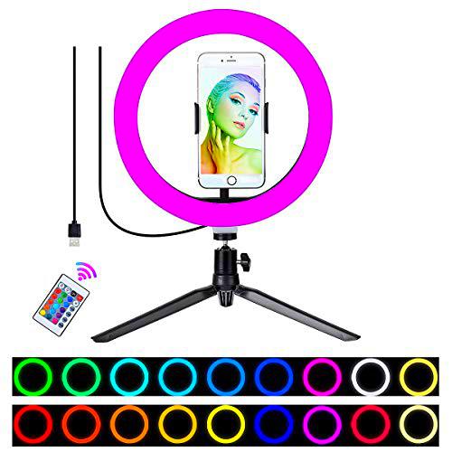 Wuudi RGB LED Ringlicht, 10 Selfie Ringleuchte con 10 RGB Farbwechsel+10 Helligkeitsstufen Tischringlicht dimmbar para Fotografie Videoaufnahme Make-Up Live Streaming Portrait Volg Youtube Show