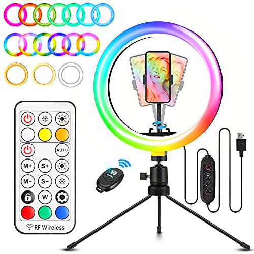 Soporte de luz de anillo RGB, kit de luz de anillo de 10.2 pulgadas con soporte de trípode y soporte para teléfono