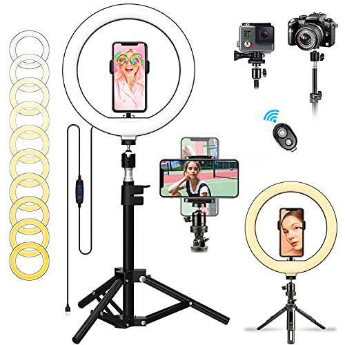 Luz de Anillo LED Uktunu 10&quot; Lámpara de Selfie Anillo de Luz con 3 Trípode Control Remoto Bluetooth 3 Modos de Luces Regulable para Móvil Selfie,Fotografía,Maquillaje,Youtube,TIK Tok Live