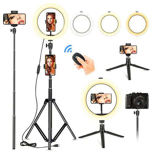 Anillo de Luz con Soporte Trípode,HEKIWAY 10&quot; Selfie Ring Light con Soporte para Trípode&amp;3 Soportes para Teléfonos,Anillo de Luz LED con Control Remoto Inalámbrico para Conferencias,Maquillaje,Vídeo