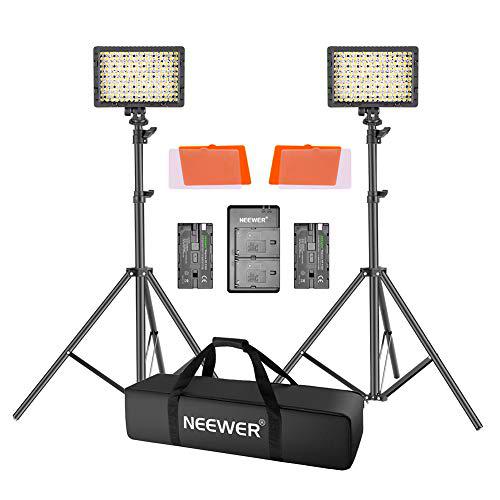 Neewer LED Video Luz Kit con 190cm Soporte Luz 2-Pack Regulable 3200K 5500K 160 LED Kit Iluminación de Foto Luz Panel con Batería de Cargador para Youtube Estudio Fotografía