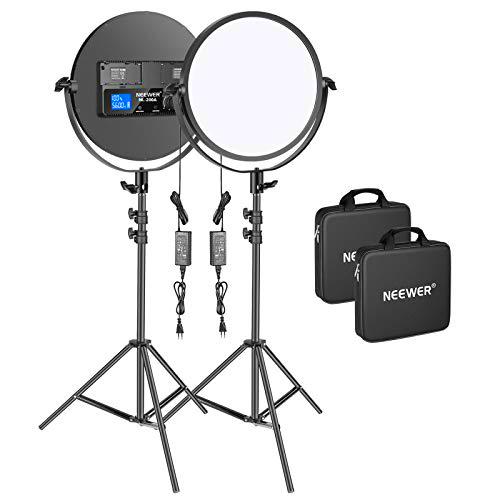 Neewer 2 Pack Luces Video LED Redondas de Metal de 10,6&quot; con Kit Iluminación Soporte 30W 3200-5600K CRI95+ Luz Regulable de Borde de Estudio Flapjack para Grabación Video YouTube (Batería No Incluida)