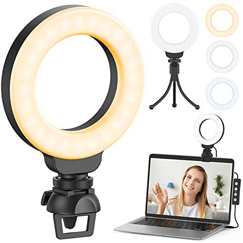 Aro de Luz con Clip y Trípode, Ruyilam 4'' luz LED para videoconferencia