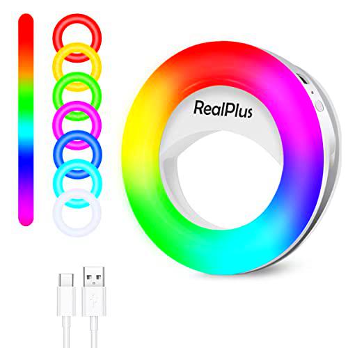 RealPlus RGB Anillo de Luz para Teléfono, Aro De Luz con Clip Recargable con 12 Modos RGB y 3 Niveles de Luz Blanca fría