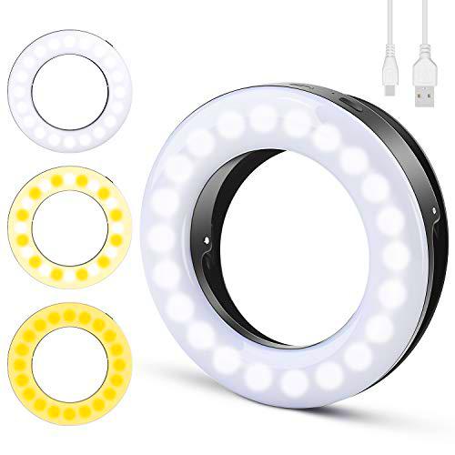 Diyife Anillo de luz Selfie,[Versión Mejorada] 40 LED USB Recargable Selfie Light Clip en Teléfono con Ajuste Continuo de 3 Modos de luz para Youtube