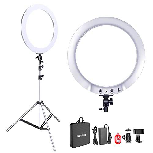 Neewer Mejorada 48cm Kit Iluminación Luz Anillo Metal Plateado:42W 3200-5600K con Carcasa Aleación Aluminio Plateada y Soporte de Luz de Acero Inoxidable Plateado para Rodaje Video