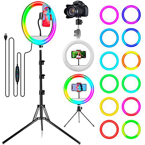 Anillo de luz RGB para Selfies de 12&quot;con Soporte y Soporte para teléfono Celular Trípode de cámara Cabezal de Bola Luz LED de Maquillaje de Piso Regulable para Youtube/TikTok/Fotografía