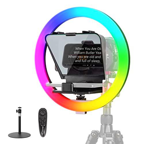 Teleprompter con Anillo de Luz, Moman MTRX Mini Telepronpter Kit de Mesa con 12&quot; Aro de RGB Luz para Smartphone para Vídeos de Youtube