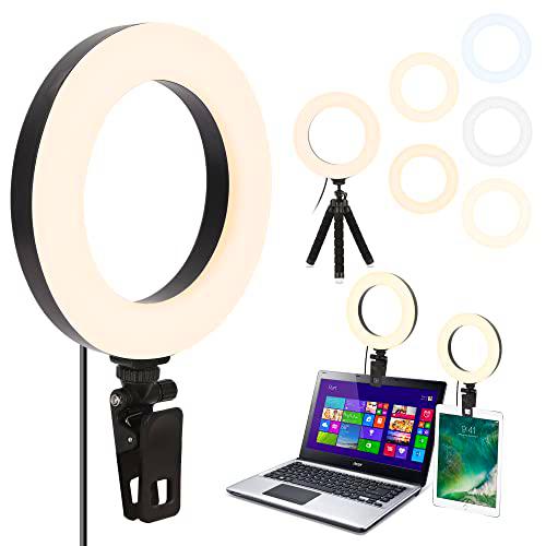 Aro de Luz Trípode LED 6&quot;,Anillo de Luz con Trípode para Tableta y Clip para Laptops,Anillo de Luz Videoconferencia,5 Modos Luz 10 Niveles Brillo para Tiktok Live Selfie Vlog Youtube Foco Streaming