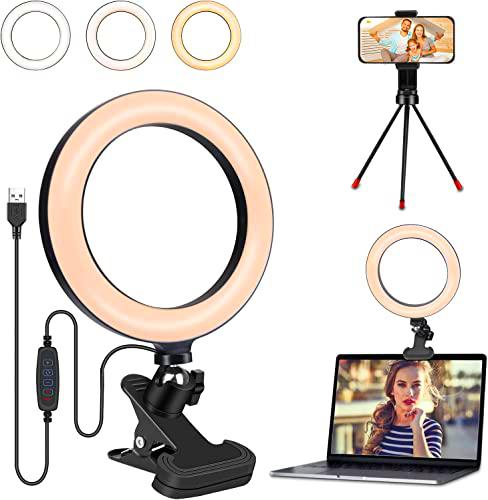 Aro de Luz con Trípode, 6'' Anillo de Luz LED, Selfie Ring Light con Trípode y Clip LED Rotación de 360º para Selfie