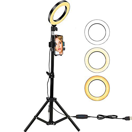 Anillo de luz con Soporte, Anillo de luz LED Selfie de 6&quot;con trípode + Soporte para teléfono + Control Remoto,10 Niveles de Brillo de atenuación