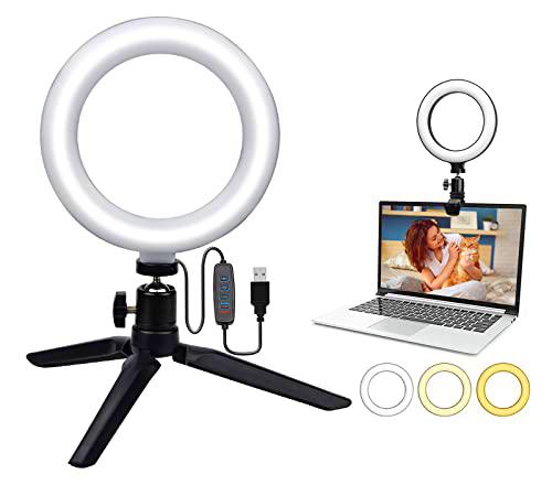 6 Pulgadas Anillo de Luz LED con 3 Modos de Iluminación 10 Brillo USB Recargable con Clip y Trípode Rotación de 360º Ajustable para Videoconferencia