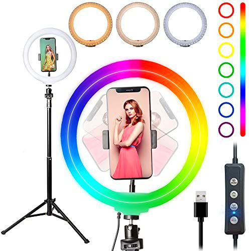 Starbea 10 '' Selfie Ring Light con trípode y soporte para teléfono Iluminación fotográfica LED Circle Ringlight RGB Cámara para maquillaje YouTube Tiktok (RGB)