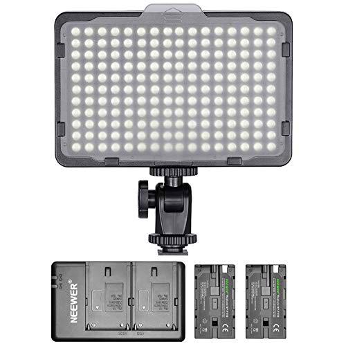 Neewer - Panel de luz 176 LED Regulable con 2 Pilas de Litio 2600 mAh Cargador Doble a USB para réflex Digitales Canon Nikon etc