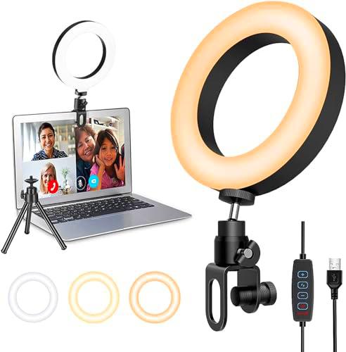 Anillo de Luz Videoconferencia, Pnitri 6'' Aro de Luz con Trípode y Clip y 3 Modos Luz 10 Niveles Brillo Regulables para Movi TIK Tok