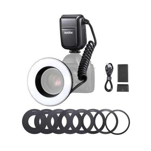 Godox MF-R76 Universal Macro Ring Flash Light GN14 10 Niveles de Brillo Ajustable con 8 Piezas de Anillo Adaptador Reemplazo de batería de Gran Capacidad para DSLR Camera