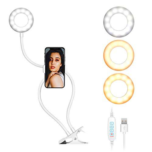 Neewer Selfie Anillo Luz con Soporte para Teléfono Movil para Youtube TikTok Transmisión en Vivo Selfie Maquillaje Soporte Flexible para Cuello de Cisne Modo de 3 Luces Brillo de 10 Niveles(Blanco)