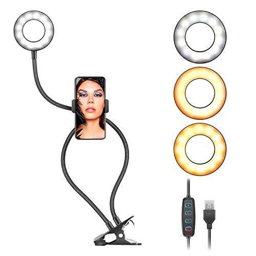 Neewer Selfie Anillo Luz con Soporte para Teléfono Movil para Youtube TikTok Transmisión en Vivo Selfie Maquillaje Soporte Flexible para Cuello de Cisne Modo de 3 Luces Brillo de 10 Niveles(Negro)