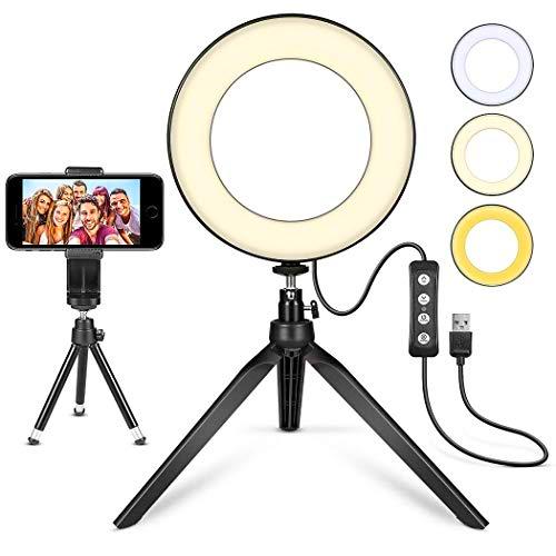 Aro de Luz LED, MACTREM Anillo de Luz Regulable 6” para Fotografía,Ring Light con Trípode y Soporte para Movíl