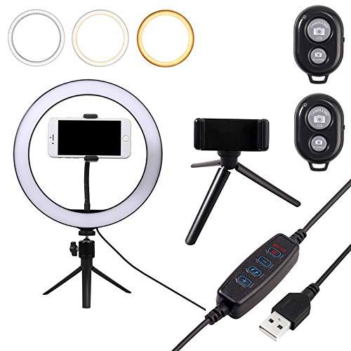 Justech 10” LED Luz de Anillo de Escritorio con 2 Soportes de Móvil y Control Remoto de Bluetooth 15W 120 LED Aro de Luz con Trípode de 10 Niveles de Brillo y 3 Modos de Luz para Fotografía Selfie