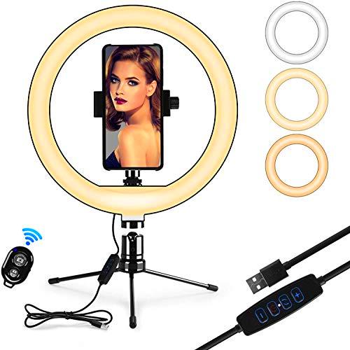 IREGRO 10''Luz de Anillo LED,3 Modos de Luz y 10 Niveles de Brillo para Maquillaje,Regulables Wireless Control Remoto,Trípode Soporte con Giratorio de teléfono para Selfie,Maquillaje,Youtube,TikTok