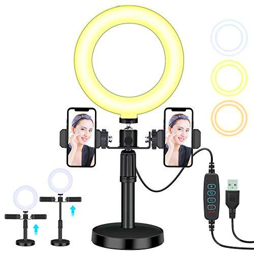 GESMA LED Luz Anillo, Aro de Luz 6&quot;, Regulable 3 Modos de luz con Dos Ranuras para teléfono de Soporte para Streaming Makeup