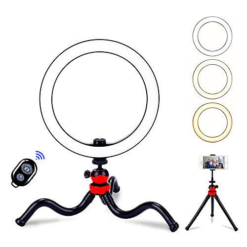 BLOOMWIN Anillo de Luz LED Regulable 10” para Fotografía de Escritorio Aro de Luz con Soporte Trípode de Pulpo Flexible Control Remoto Bluetooth USB para Movil Camara Youtube Selfie Video Maquillaje