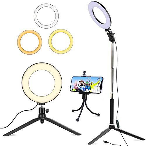 Luz de Anillo de 6&quot;con trípode para Selfie/Makeup Live Stream y Video de Youtube Luz LED de cámara con 3 Modos de luz y 11 Niveles de Brillo y con Soporte para teléfono móvil (Black)