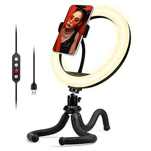 Fotopro Aro de Luz Led con Trípode, Anillo de Luz Selfie Trípode de 25,9 cm con Clip para Móvil