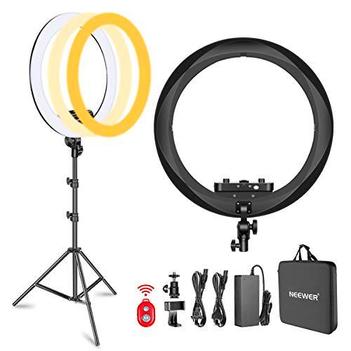 Neewer Kit Anillo Luminoso(Espesor 1,8cm) 48cm 3200–5600K LED Ring Light con Soporte de Luz Soporte de Teléfono Móvil Tablet Montura Zapata para Retratos Videos de Maquillaje(Negro)