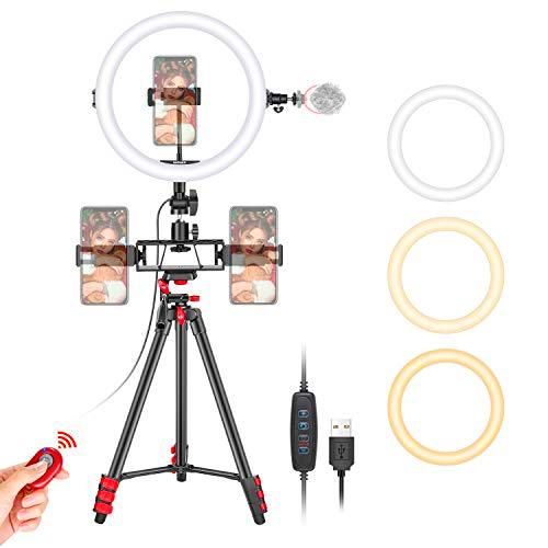 Neewer 10&quot; Selfie Anillo Luz con Trípode 3 Soportes para Teléfono Anillo de Luz LED con Tubo Suave y Kit Remoto 3 Luces de Modo y Brillo de 10 Niveles para Maquillaje Video Youtube TikTok Transmisión