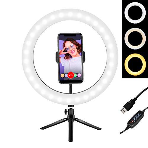 Rejoicing Ring Light 10 Pulgadas Selfie Light con trípode y Soporte para teléfono Kit de Luces de Maquillaje de Escritorio Alimentado por USB para transmisión en Vivo