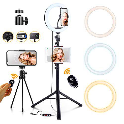 Luz de Anillo LED,Ring Light,Aro de Luz de 10&quot;con Trípode/Mini Trípode Control Remoto Bluetooth,3 Modos de Luces 10 Brillos Regulable para Móvil Selfie,Fotografía,Maquillaje,Youtube,TIK Tok Live