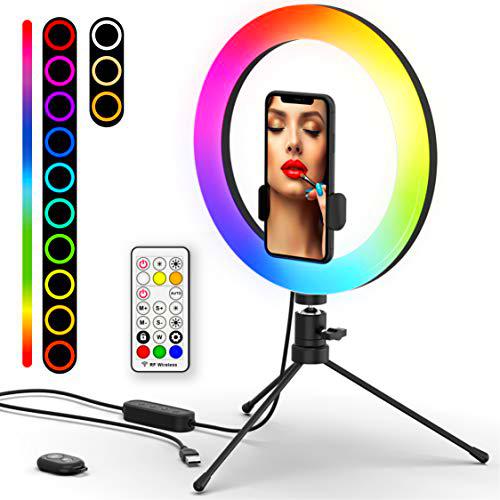 Luz de Anillo LED 10&quot; con Trípode, Boaraino RGB Anillo de Luz con Soporte de Móvil y Control Remoto Bluetooth